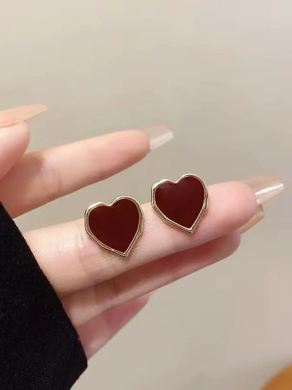 ***Dainty Gold Heart Stud Earrings with Red Enamel